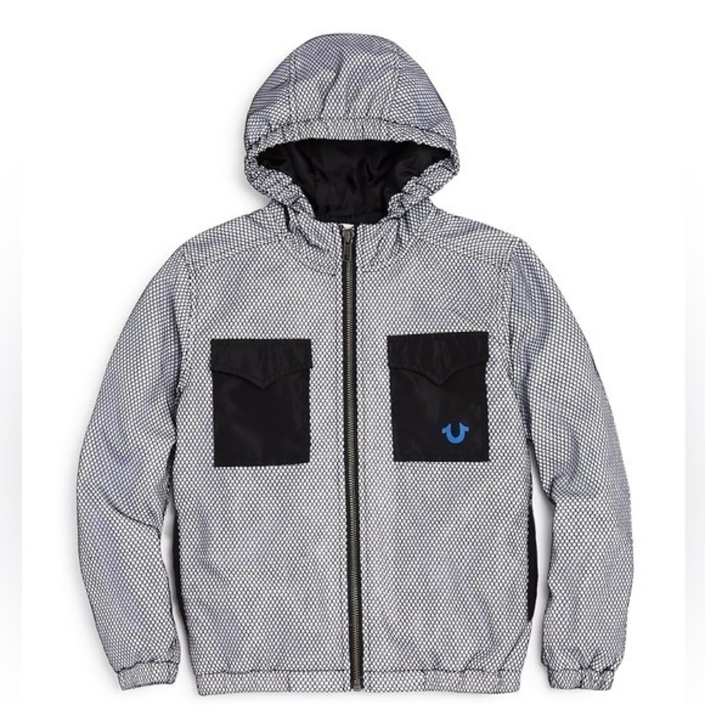 True Religion Black and White Raincoat Hooded Weather-Resistant